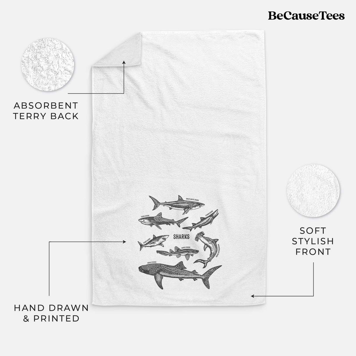 White hand towel printed with a chart of black ink shark illustrations, including a whale shark, hammerhead and great white.