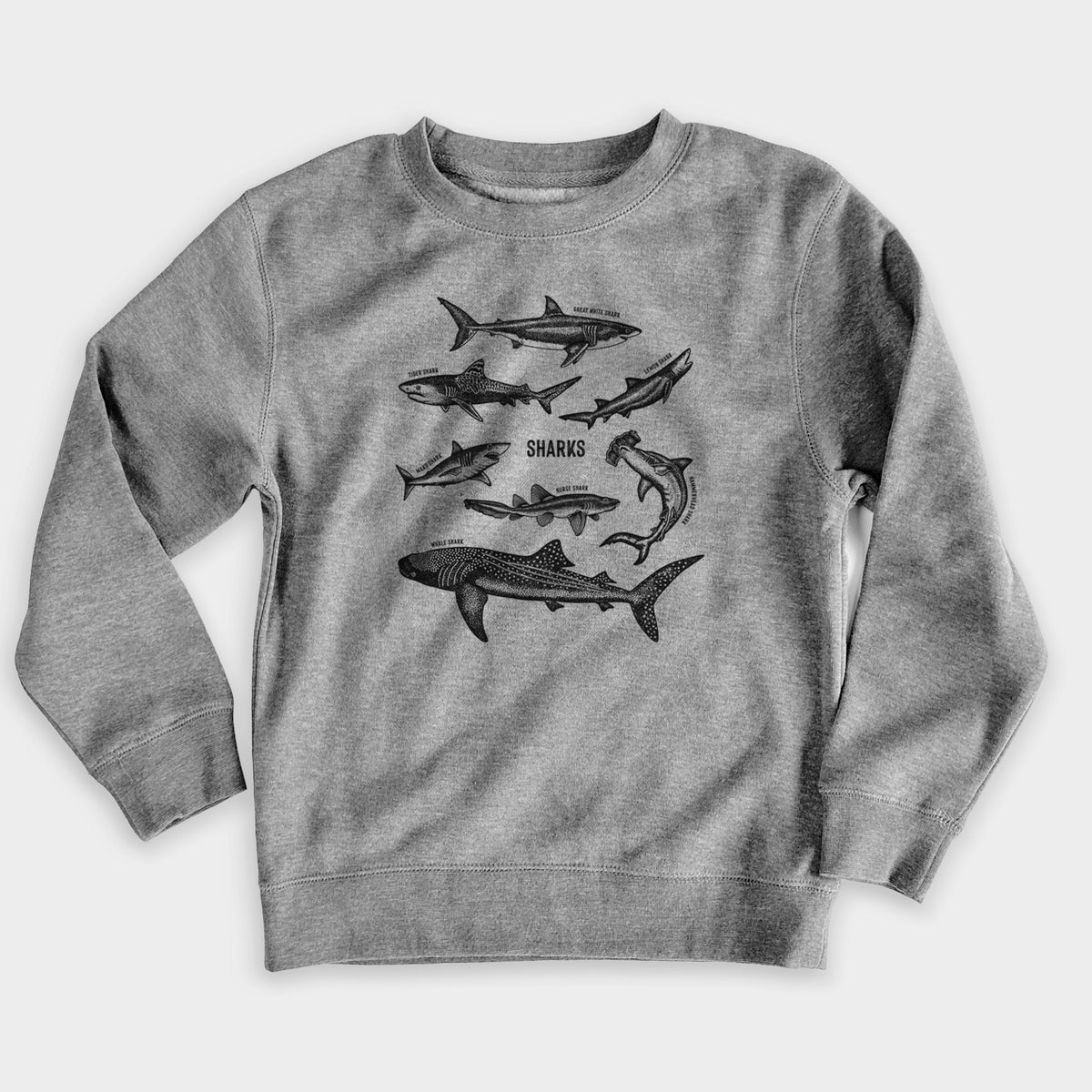 Nickel grey youth crewneck sweatshirt laid flat, printed with a chart of black ink shark illustrations, including a whale shark, hammerhead and great white.