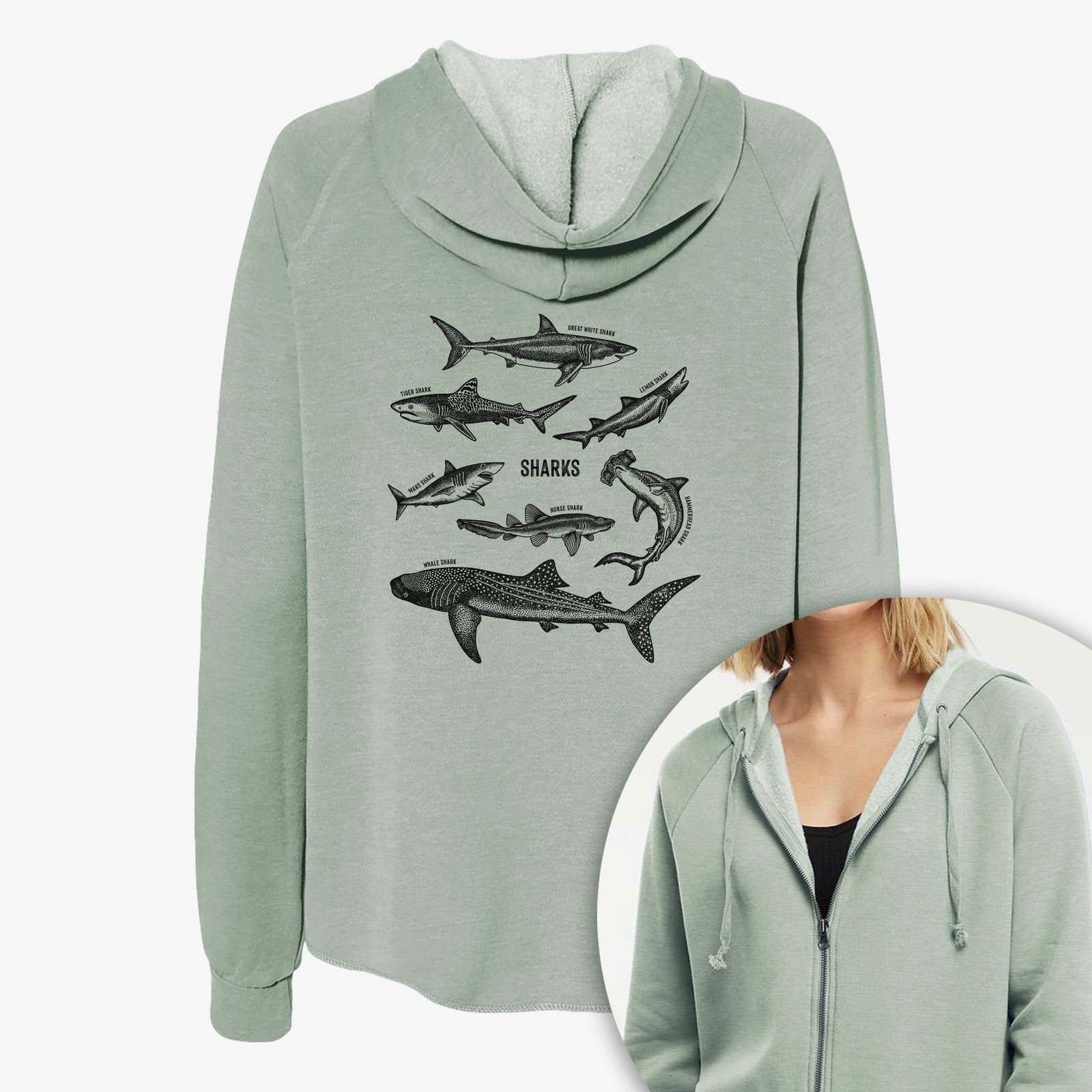 Women's Cali Wave zip-up sweatshirt printed with a chart of black ink shark illustrations, including a whale shark, hammerhead and great white, with a close-up of the zipper.