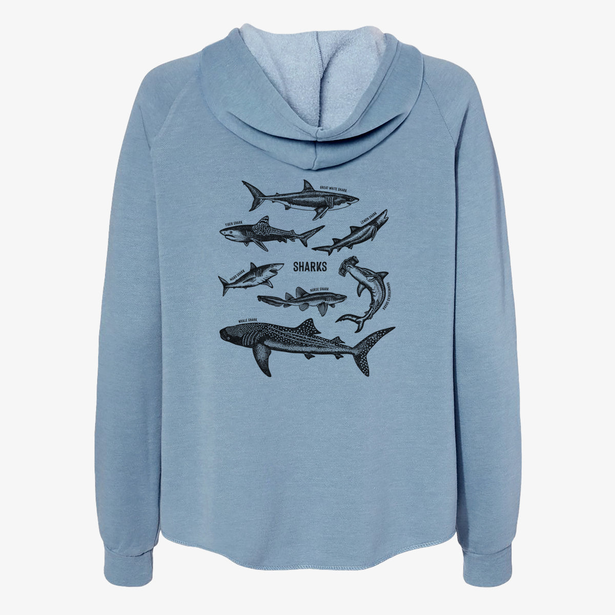 Misty blue women's Cali Wave zip-up sweatshirt laid flat, printed with a chart of black ink shark illustrations, including a whale shark, hammerhead and great white.