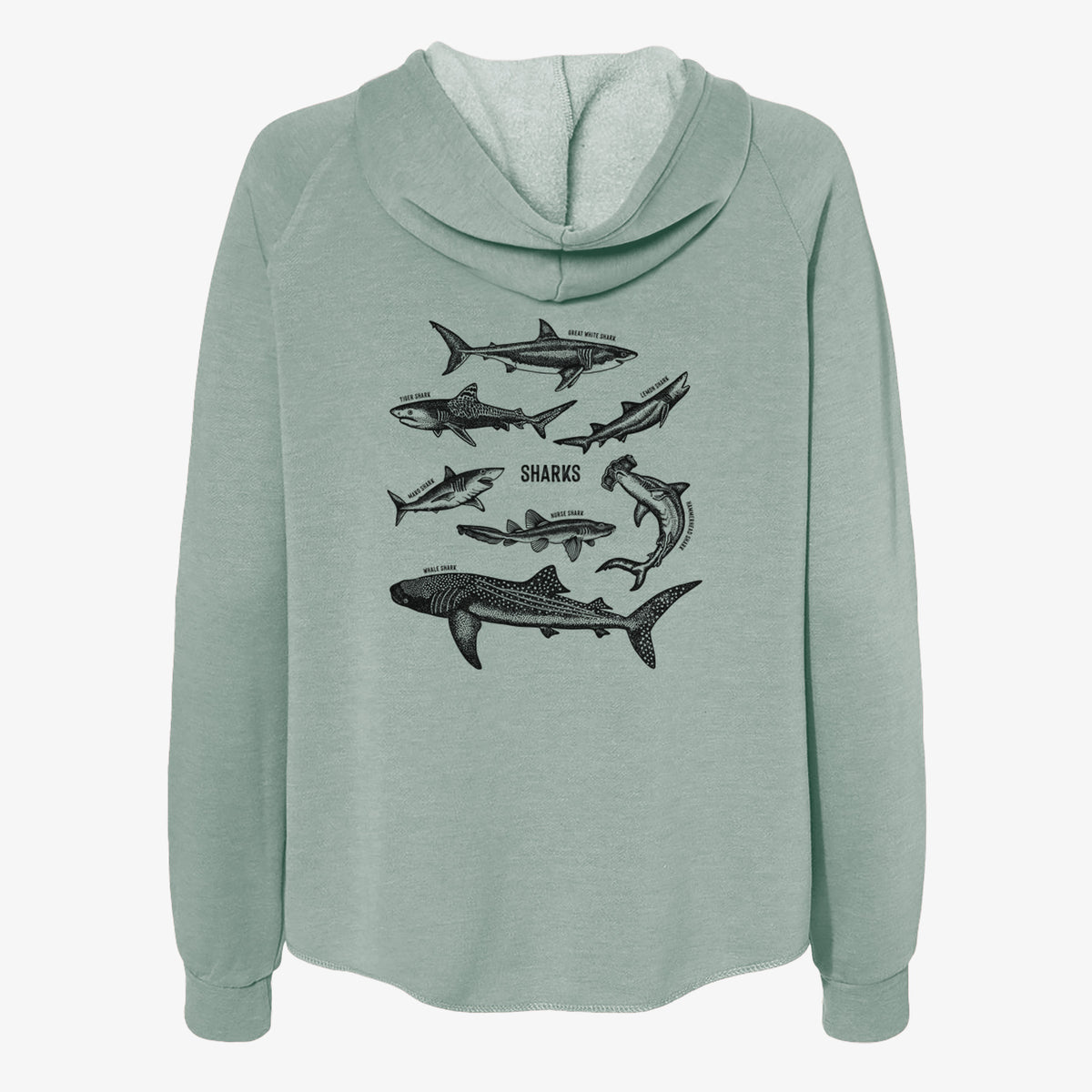 Sage green women's Cali Wave zip-up sweatshirt laid flat, printed with a chart of black ink shark illustrations, including a whale shark, hammerhead and great white.