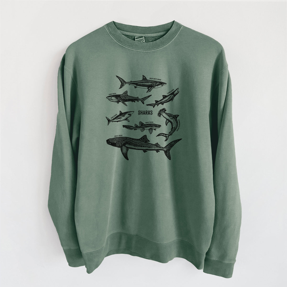 Alpine green pigment dyed crewneck sweatshirt laid flat, printed with a chart of black ink shark illustrations, including a whale shark, hammerhead and great white.