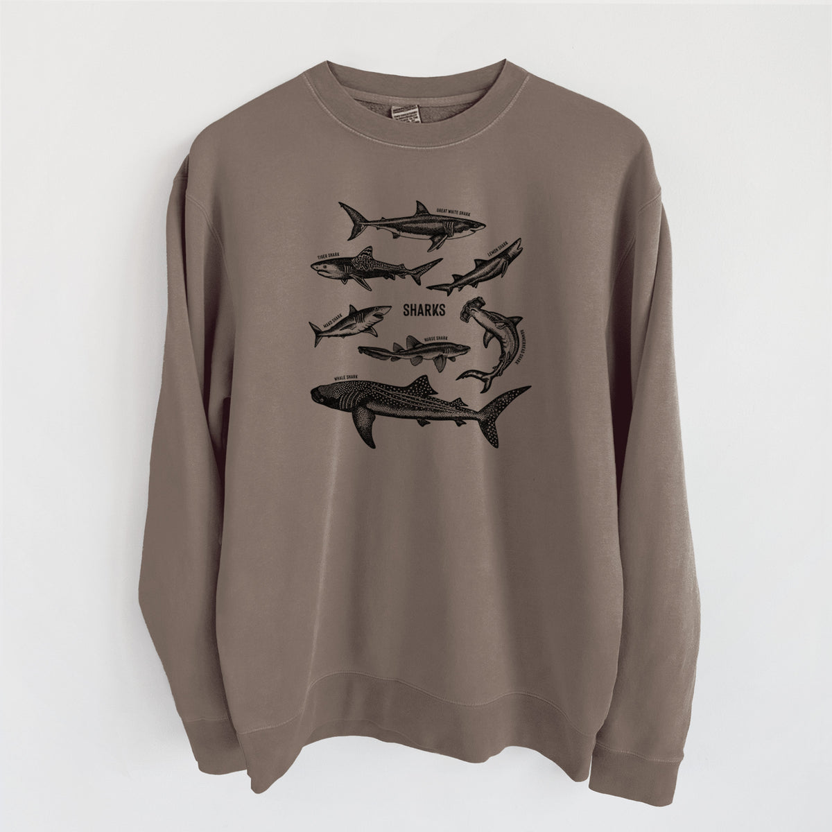 Shark Chart - Unisex Pigment Dyed Crew Sweatshirt in Espresso Brown Color