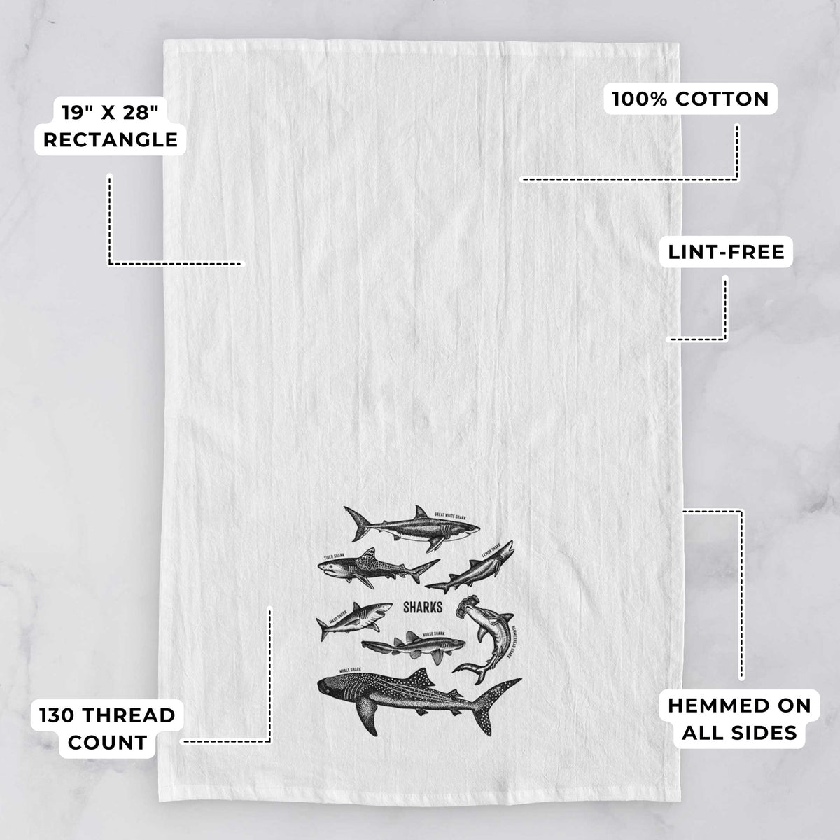 White tea towel printed with a chart of black ink shark illustrations, including a whale shark, hammerhead and great white, with feature labels: 19 by 28 inch rectangle, 100% cotton, lint-free, 130 thread count, hemmed on all sides.