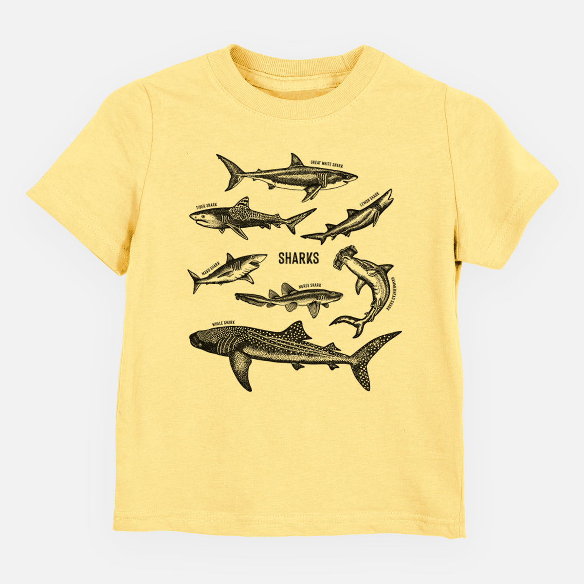 Butter yellow toddler t-shirt laid flat, printed with a chart of black ink shark illustrations, including a whale shark, hammerhead and great white.