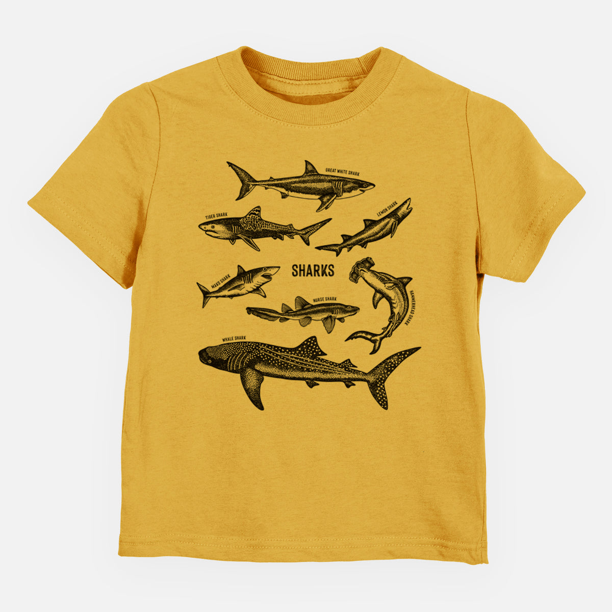 Honeycomb yellow toddler t-shirt laid flat, printed with a chart of black ink shark illustrations, including a whale shark, hammerhead and great white.