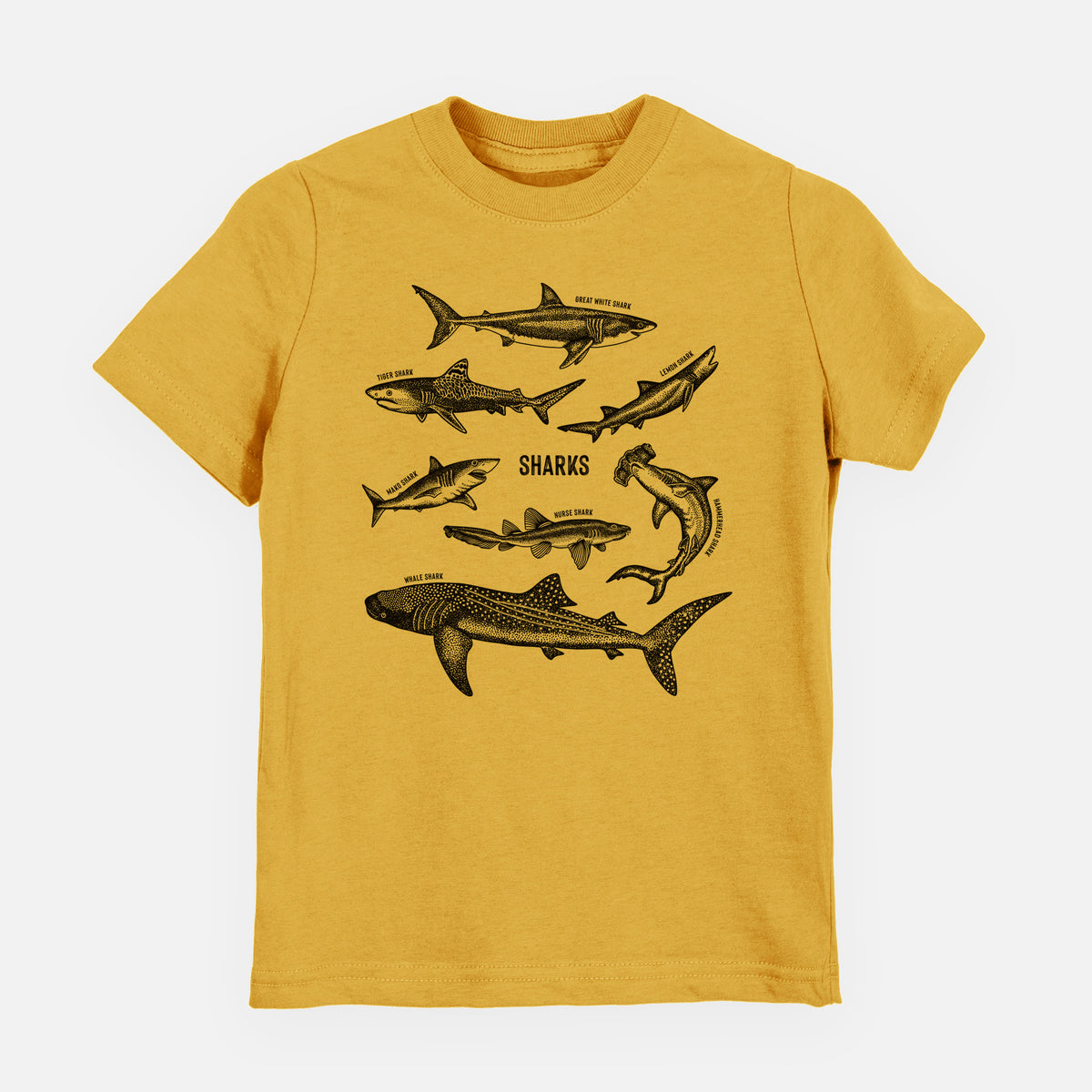 Honeycomb yellow youth t-shirt laid flat, printed with a chart of black ink shark illustrations, including a whale shark, hammerhead and great white.