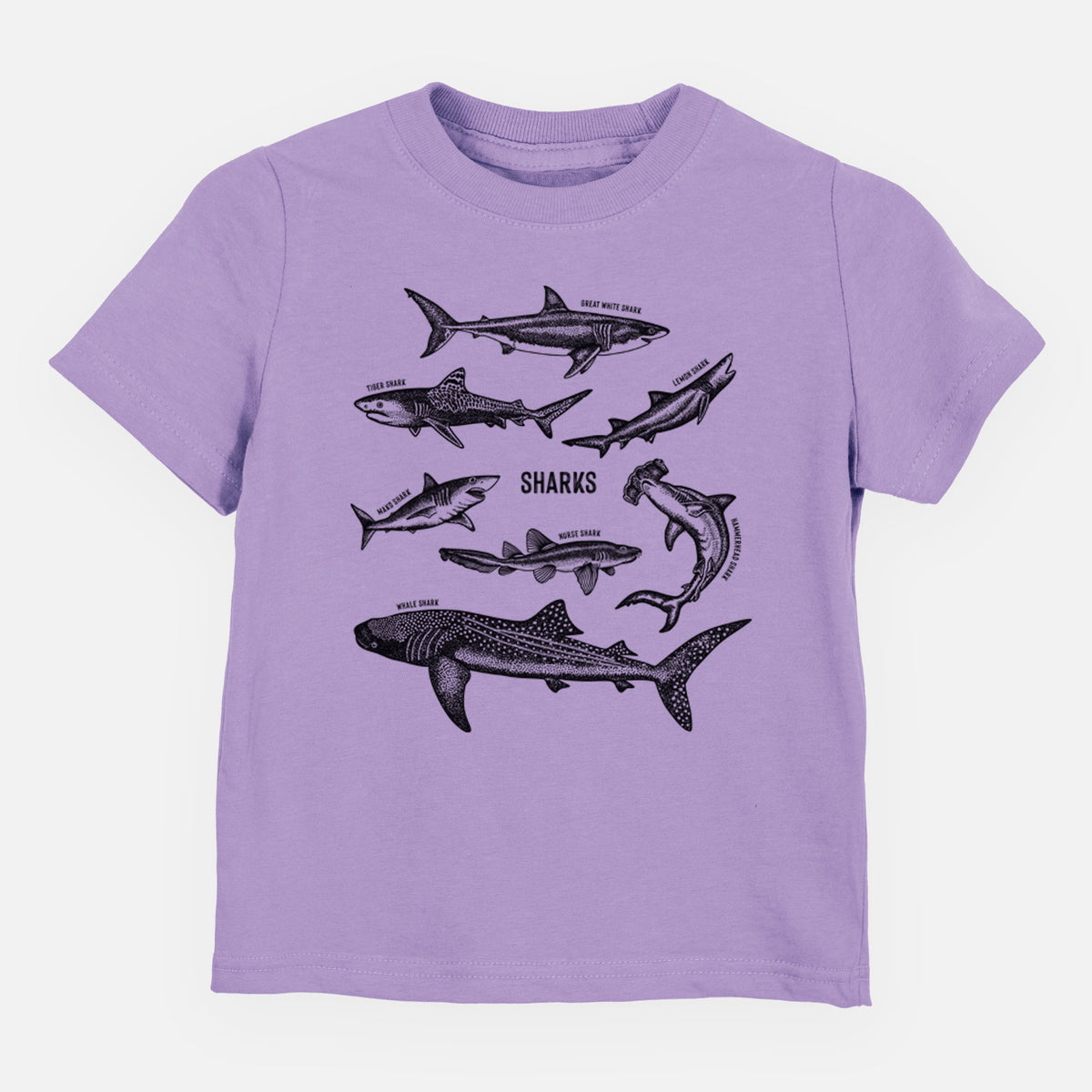 Lavender toddler t-shirt laid flat, printed with a chart of black ink shark illustrations, including a whale shark, hammerhead and great white.