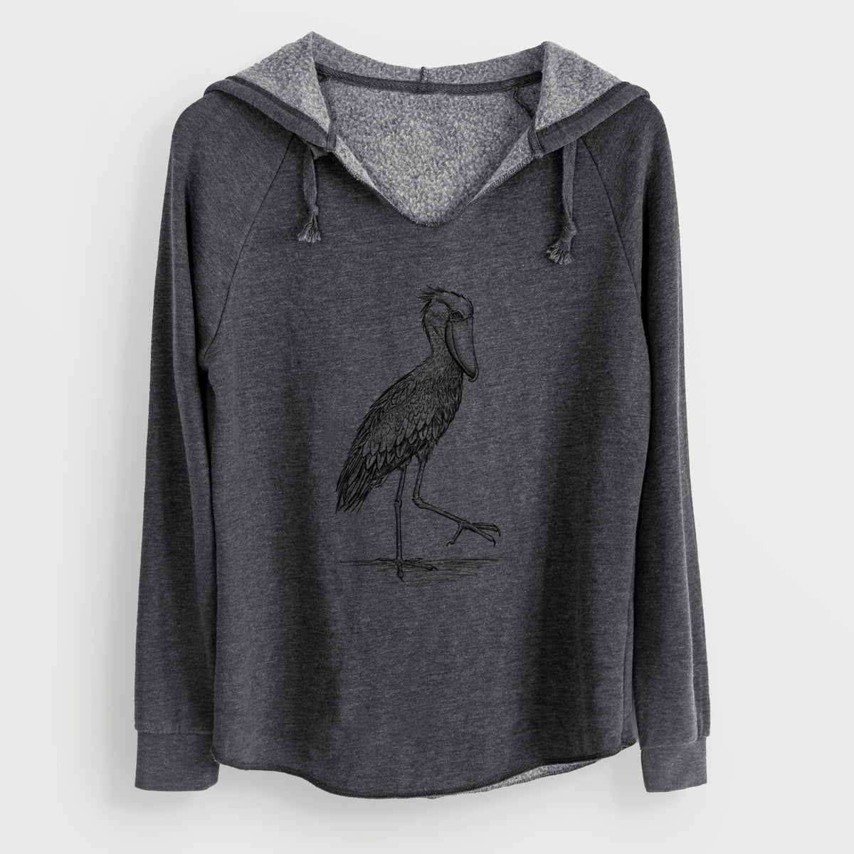 Charcoal grey women's Cali Wave hooded sweatshirt laid flat, printed with a black ink illustration of a shoebill stork standing on one leg.