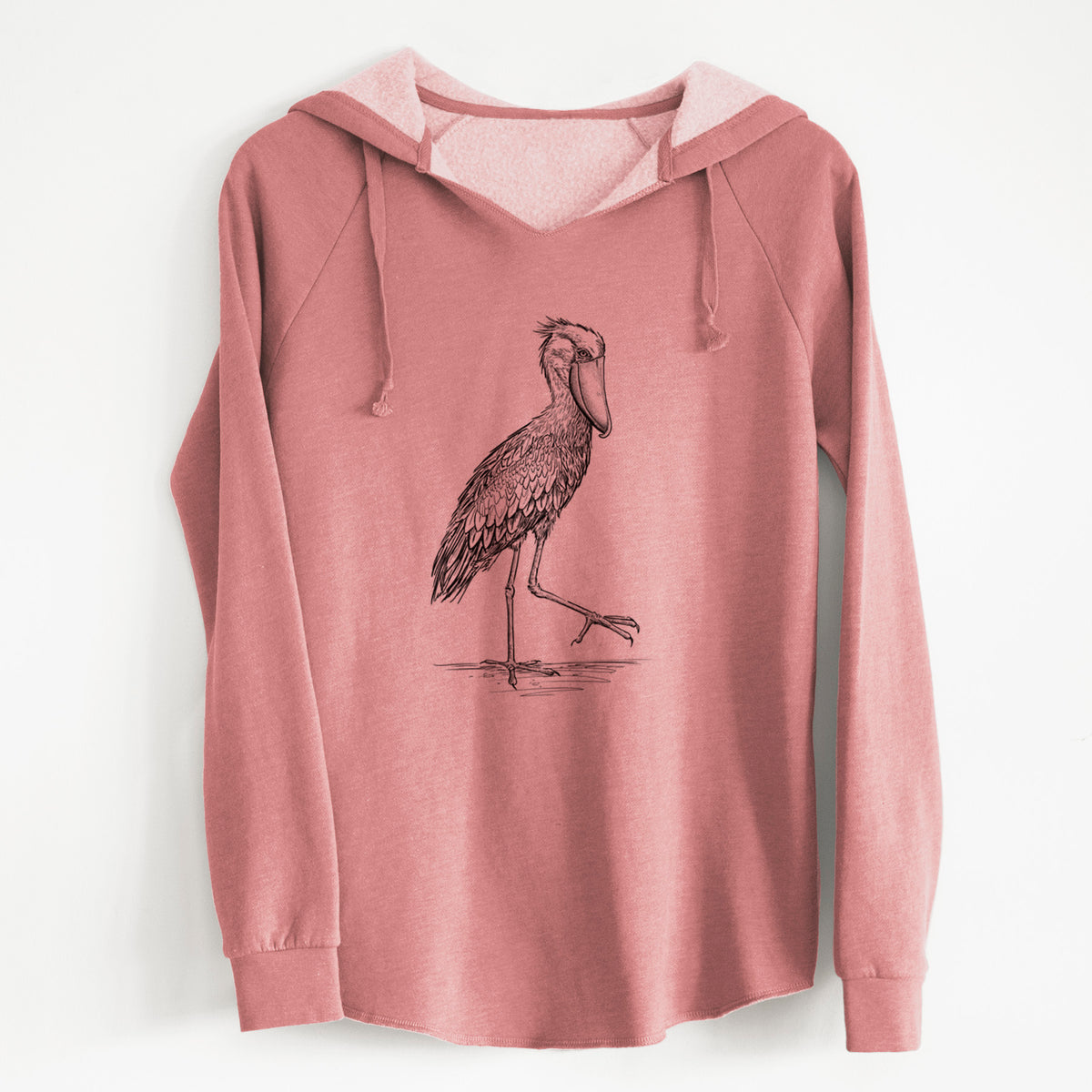 Dusty rose women's Cali Wave hooded sweatshirt laid flat, printed with a black ink illustration of a shoebill stork standing on one leg.
