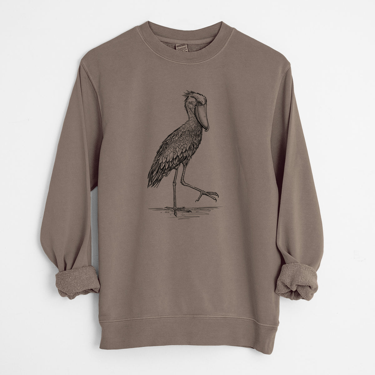 Shoebill Stork - Balaeniceps rex - Unisex Pigment Dyed Crew Sweatshirt in Espresso Brown Color