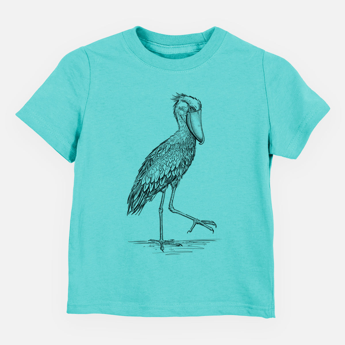 Caribbean blue toddler t-shirt laid flat, printed with a black ink illustration of a shoebill stork standing on one leg.