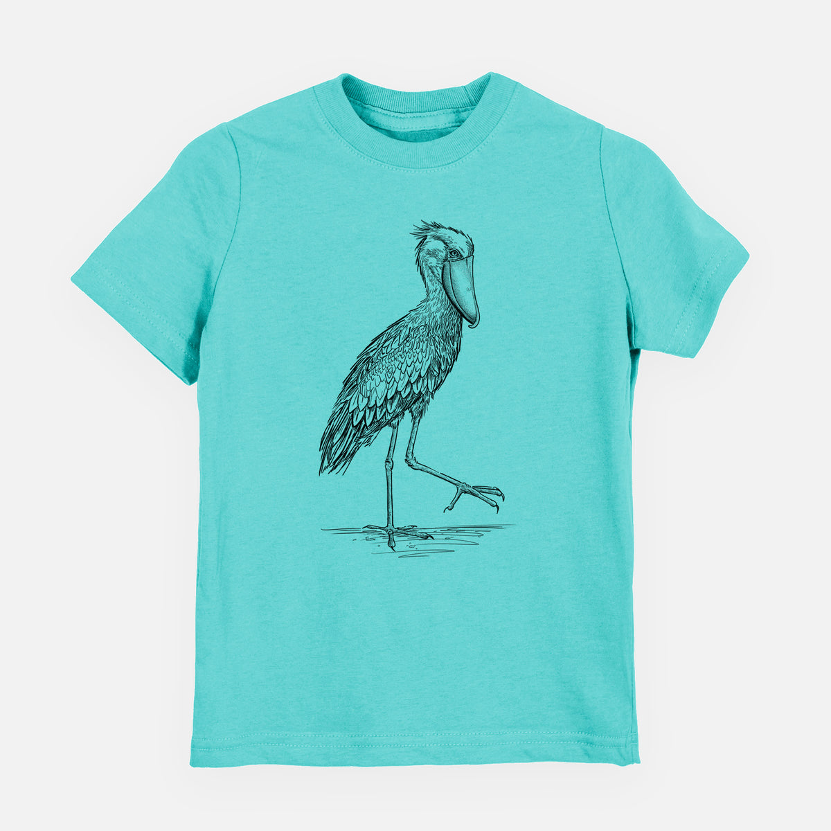 Caribbean blue youth t-shirt laid flat, printed with a black ink illustration of a shoebill stork standing on one leg.