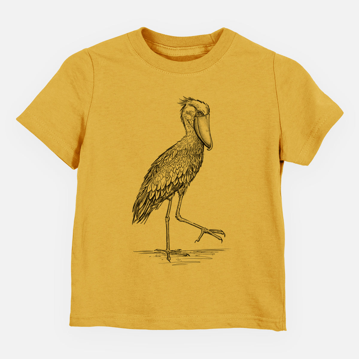 Honeycomb yellow toddler t-shirt laid flat, printed with a black ink illustration of a shoebill stork standing on one leg.