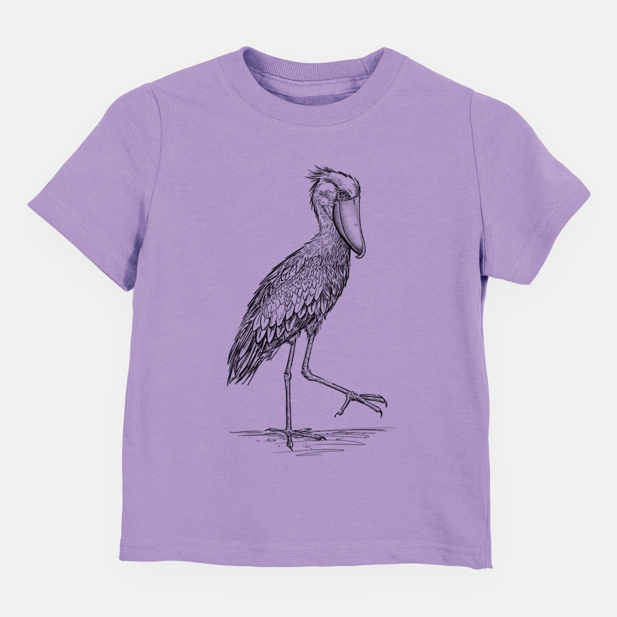 Lavender toddler t-shirt laid flat, printed with a black ink illustration of a shoebill stork standing on one leg.