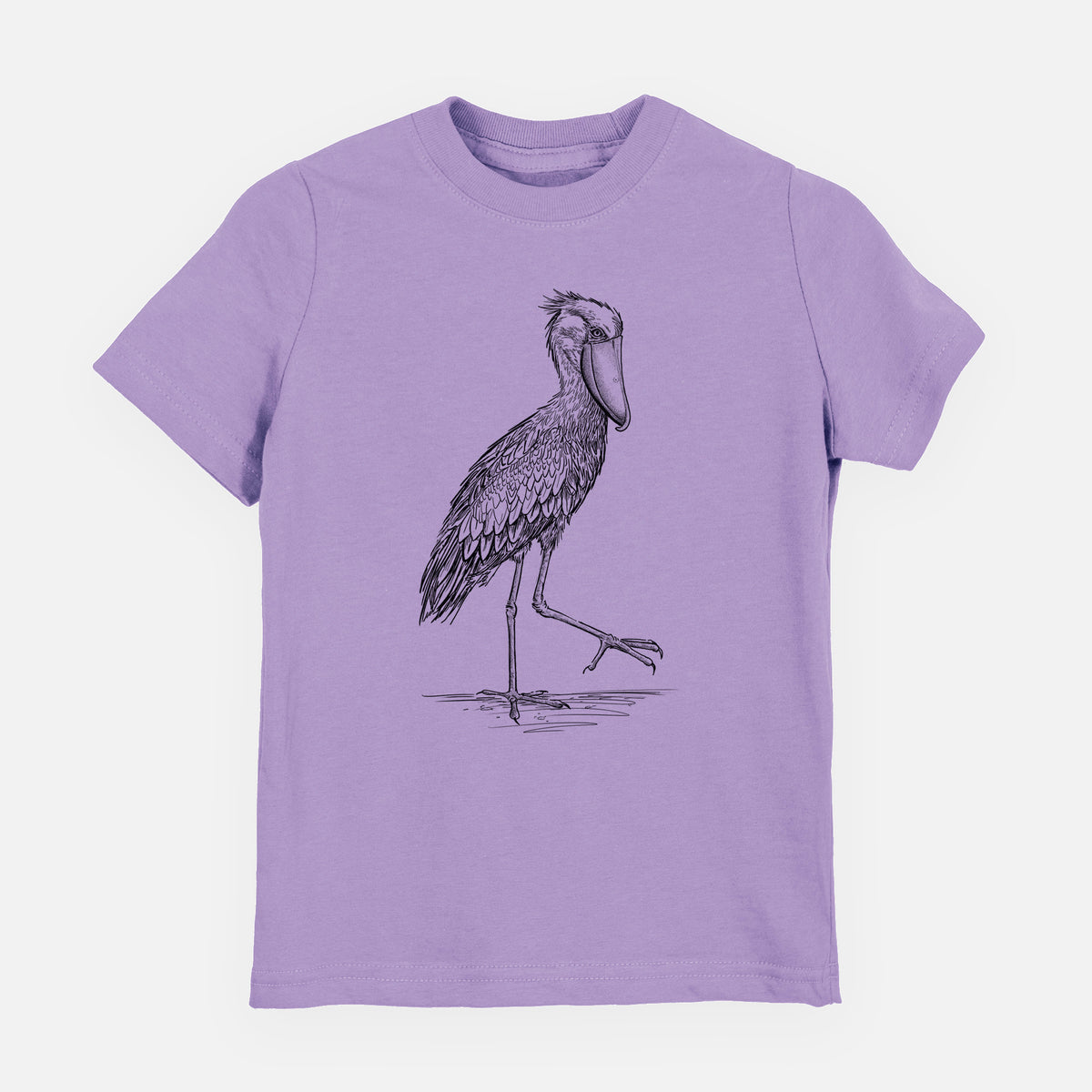 Lavender youth t-shirt laid flat, printed with a black ink illustration of a shoebill stork standing on one leg.