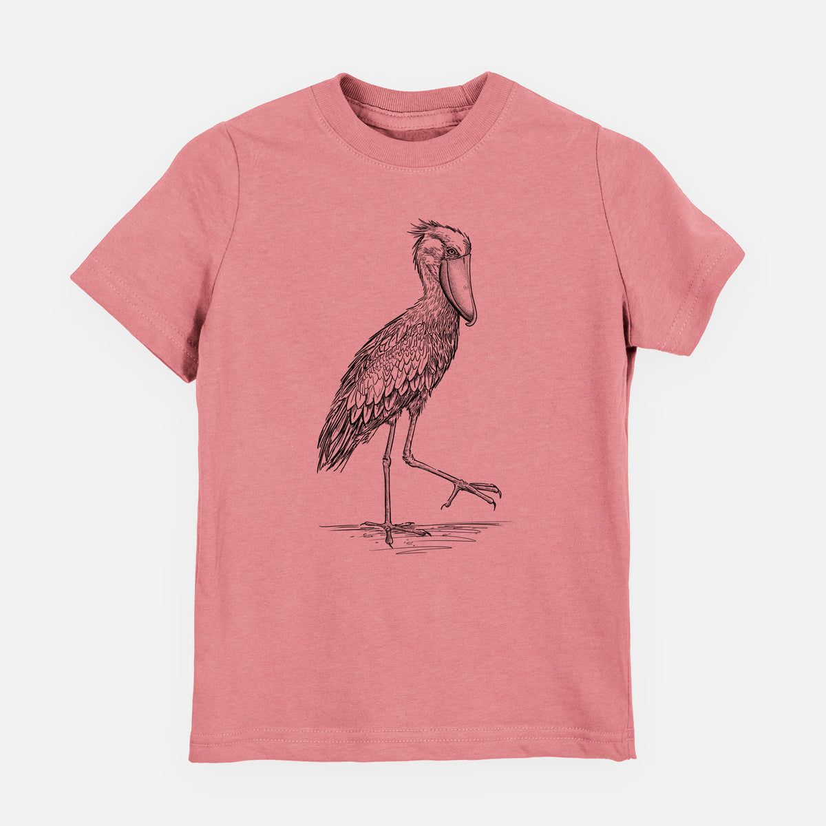 Mauve pink youth t-shirt laid flat, printed with a black ink illustration of a shoebill stork standing on one leg.
