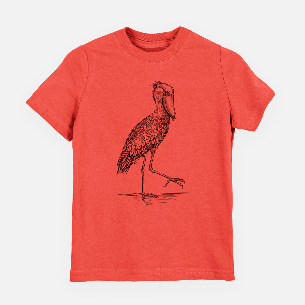 Passionfruit pink youth t-shirt laid flat, printed with a black ink illustration of a shoebill stork standing on one leg.