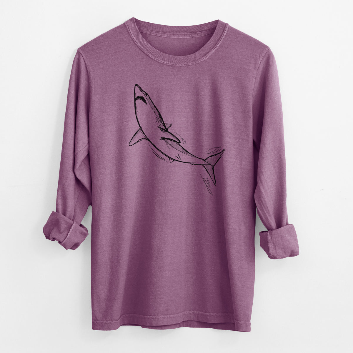 Berry pink Comfort Colors long sleeve shirt laid flat with the cuffs rolled, printed with a black ink illustration of a shortfin mako shark diving.