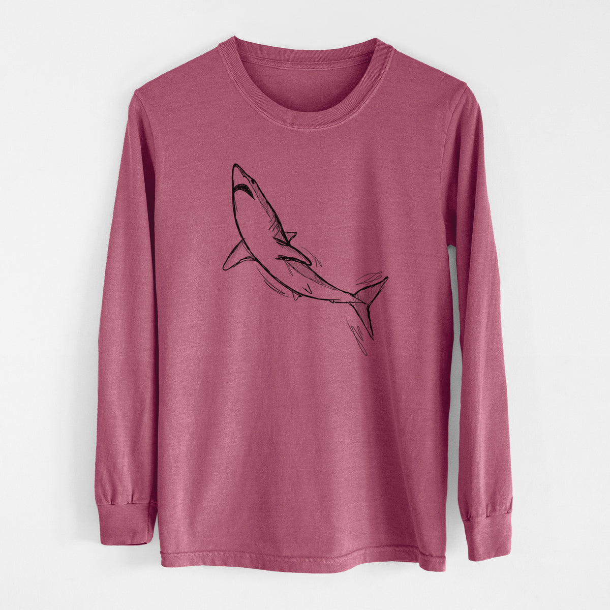 Crimson Comfort Colors long sleeve shirt laid flat, printed with a black ink illustration of a shortfin mako shark diving.