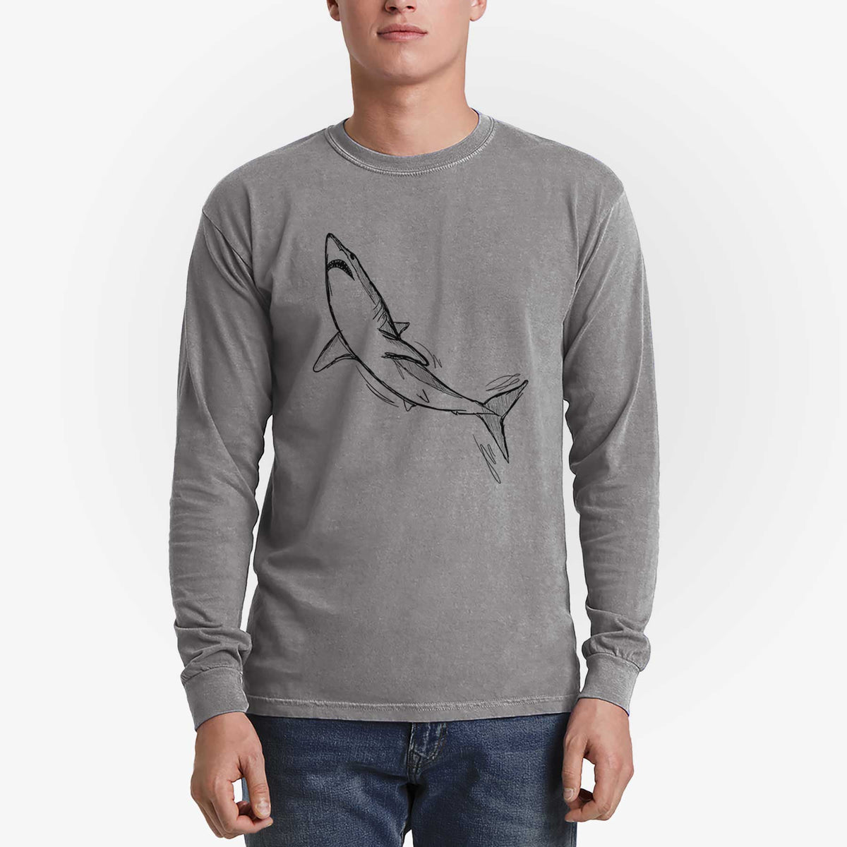 Man wearing a grey Comfort Colors long sleeve shirt printed with a black ink illustration of a shortfin mako shark diving.