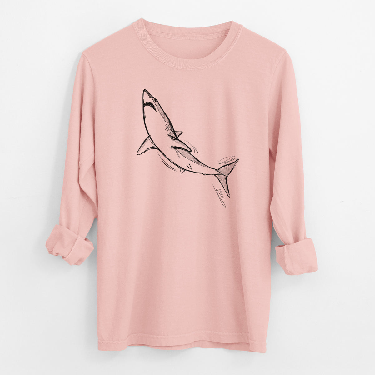 Peachy Comfort Colors long sleeve shirt laid flat with the cuffs rolled, printed with a black ink illustration of a shortfin mako shark diving.