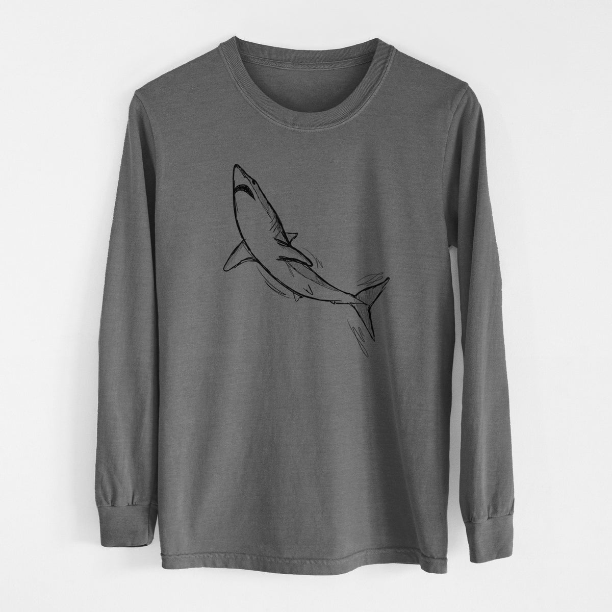 Pepper Comfort Colors long sleeve shirt laid flat, printed with a black ink illustration of a shortfin mako shark diving.