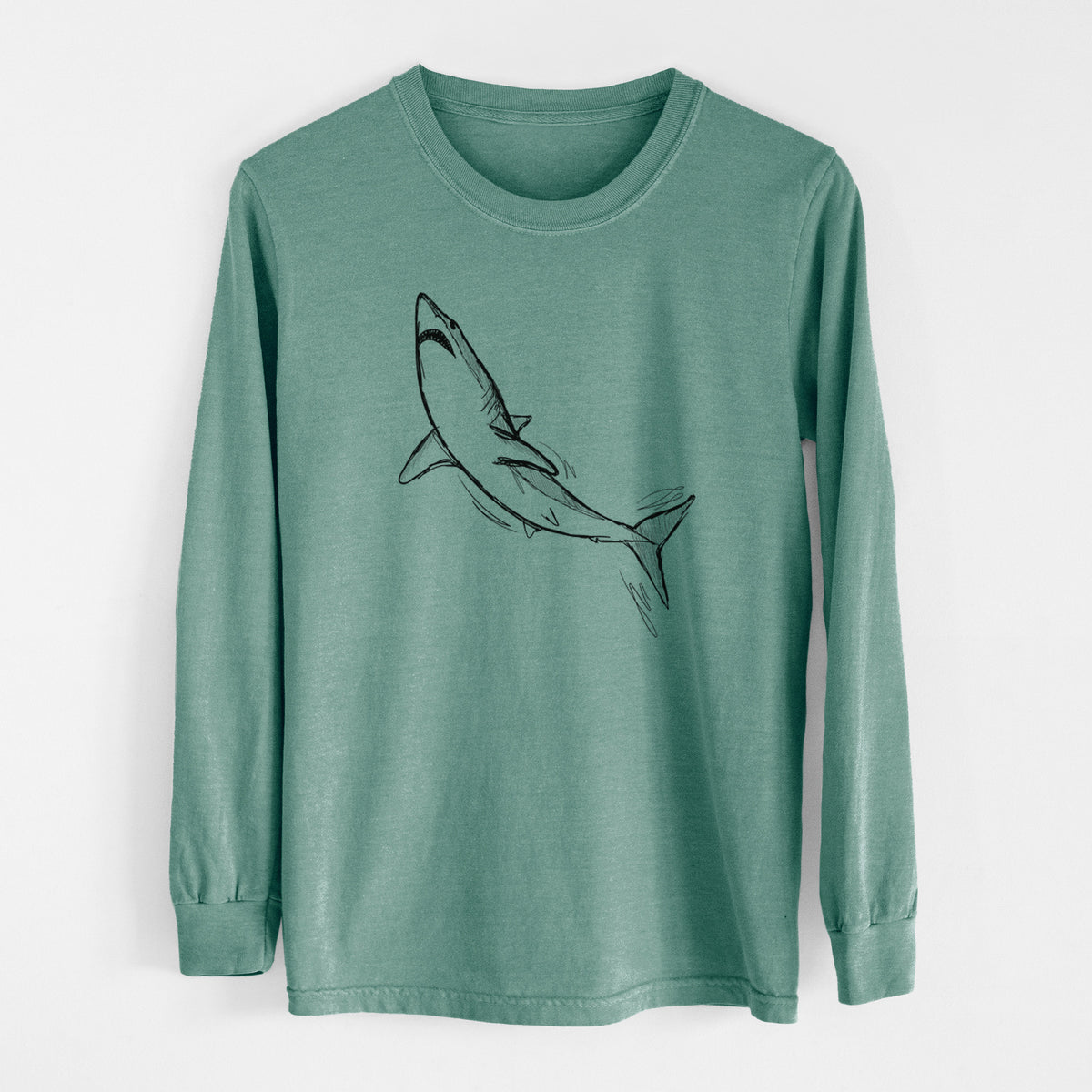 Pine green Comfort Colors long sleeve shirt laid flat, printed with a black ink illustration of a shortfin mako shark diving.