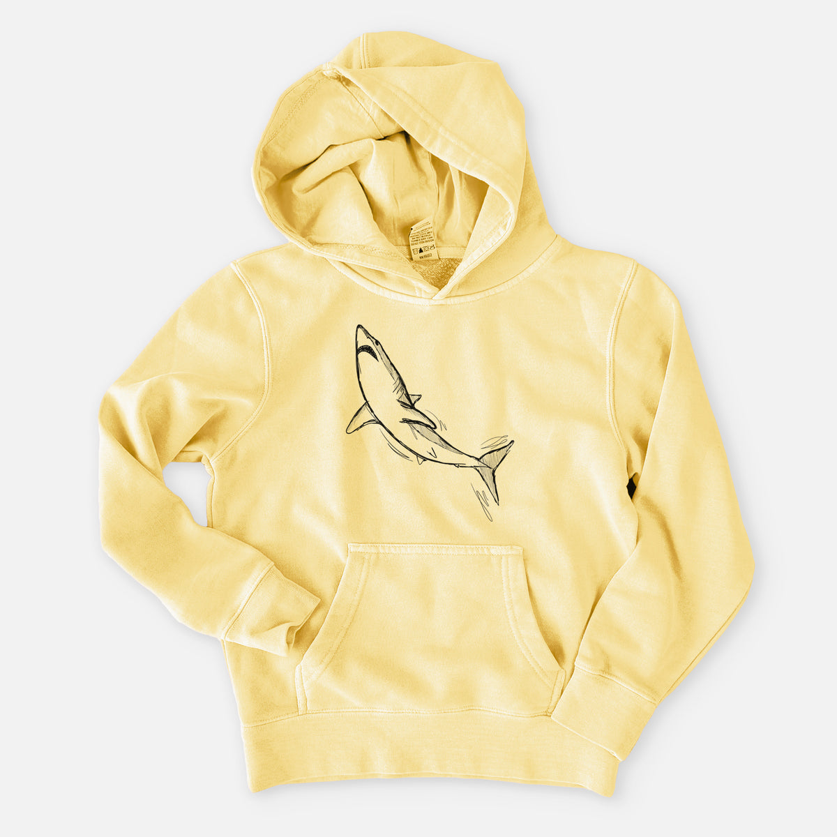 Pigment yellow youth pigment dyed hoodie laid flat, printed with a black ink illustration of a shortfin mako shark diving.