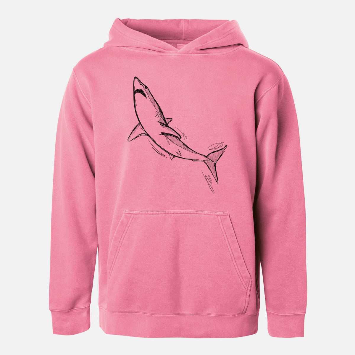 Pigment pink youth pigment dyed hoodie laid flat, printed with a black ink illustration of a shortfin mako shark diving.