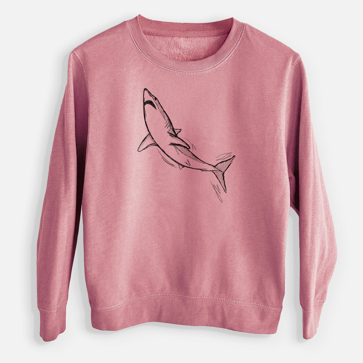 Mauve pink youth crewneck sweatshirt laid flat, printed with a black ink illustration of a shortfin mako shark diving.