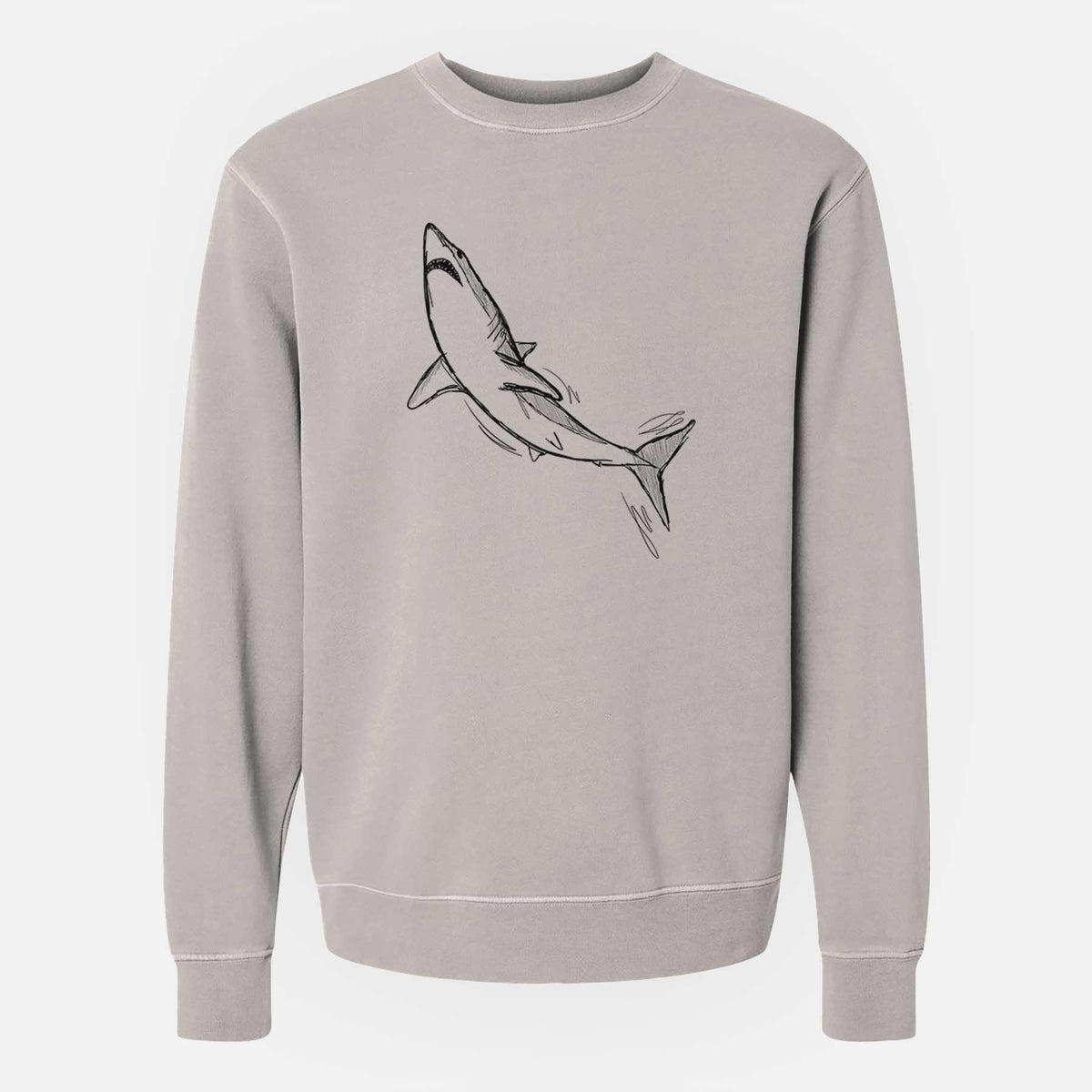 Cement grey pigment dyed crewneck sweatshirt laid flat, printed with a black ink illustration of a shortfin mako shark diving.
