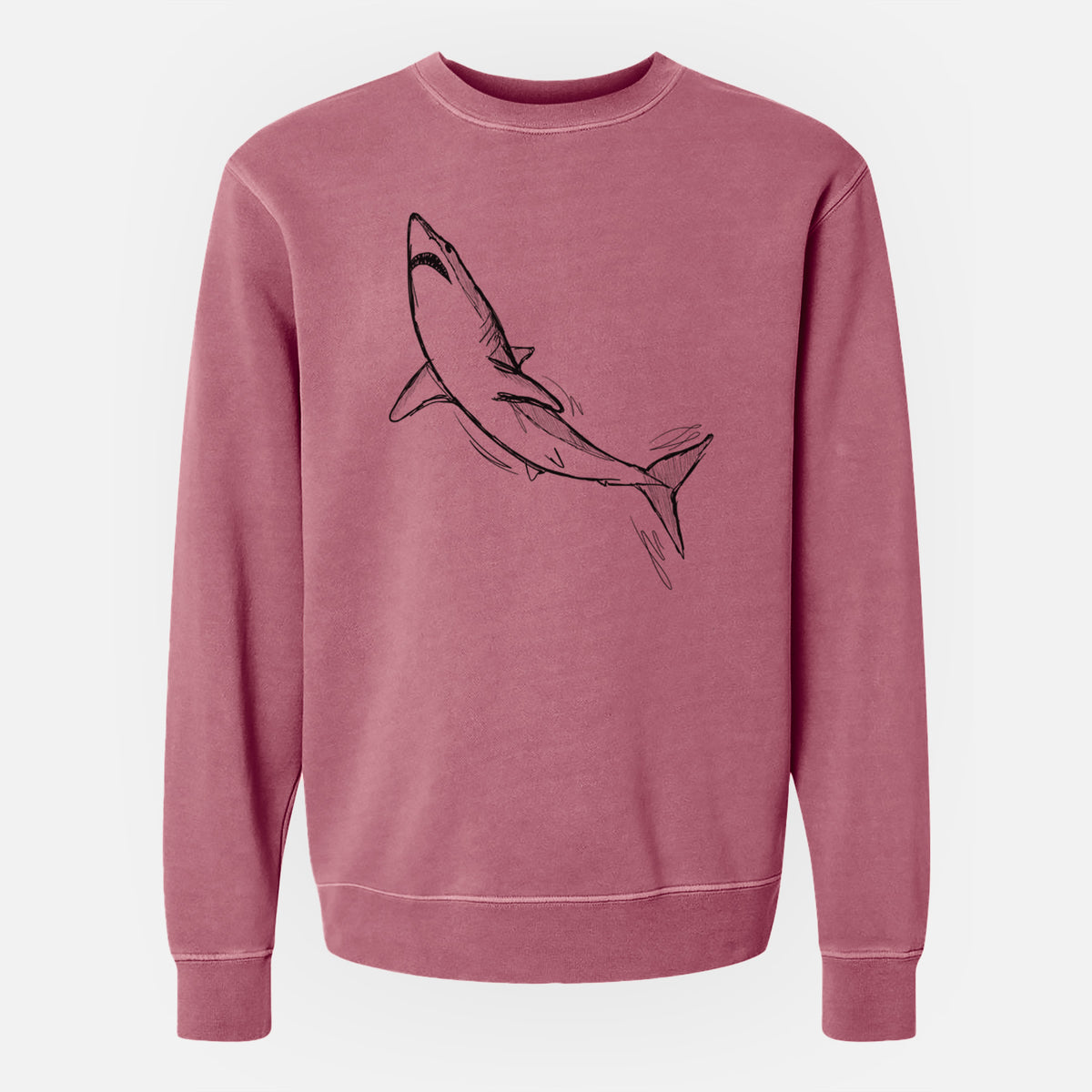 Maroon pigment dyed crewneck sweatshirt laid flat, printed with a black ink illustration of a shortfin mako shark diving.