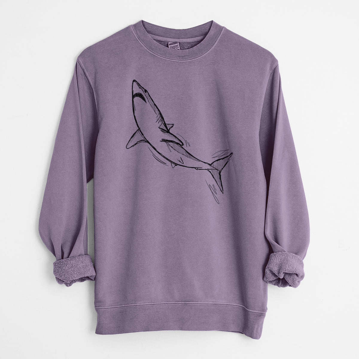 Plum purple pigment dyed crewneck sweatshirt laid flat with the sleeves rolled, printed with a black ink illustration of a shortfin mako shark diving.
