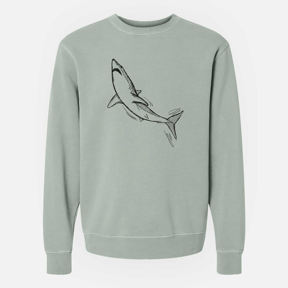 Sage green pigment dyed crewneck sweatshirt laid flat, printed with a black ink illustration of a shortfin mako shark diving.