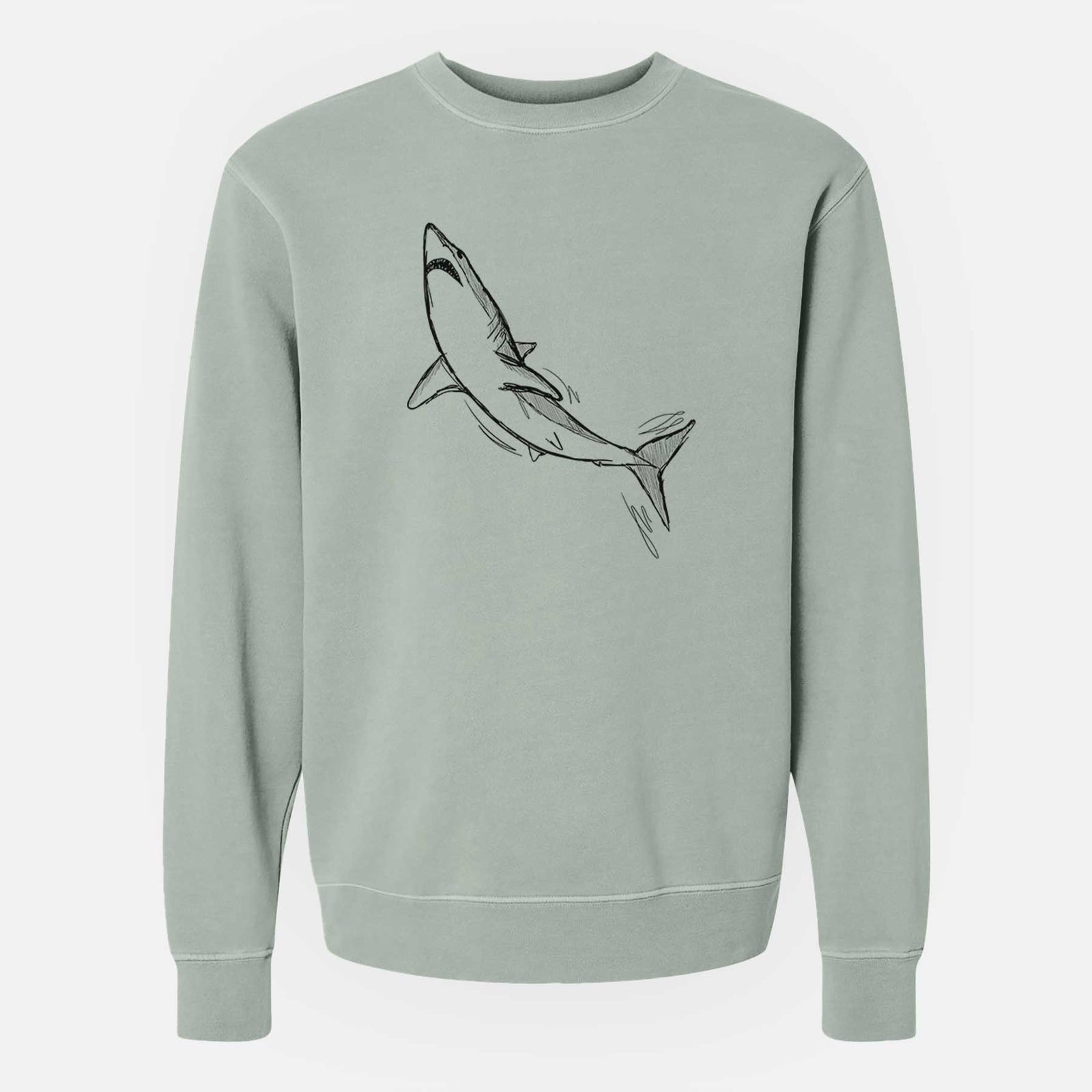 Sage green pigment dyed crewneck sweatshirt laid flat, printed with a black ink illustration of a shortfin mako shark diving.