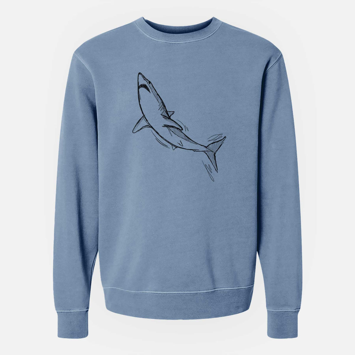 Slate blue pigment dyed crewneck sweatshirt laid flat, printed with a black ink illustration of a shortfin mako shark diving.