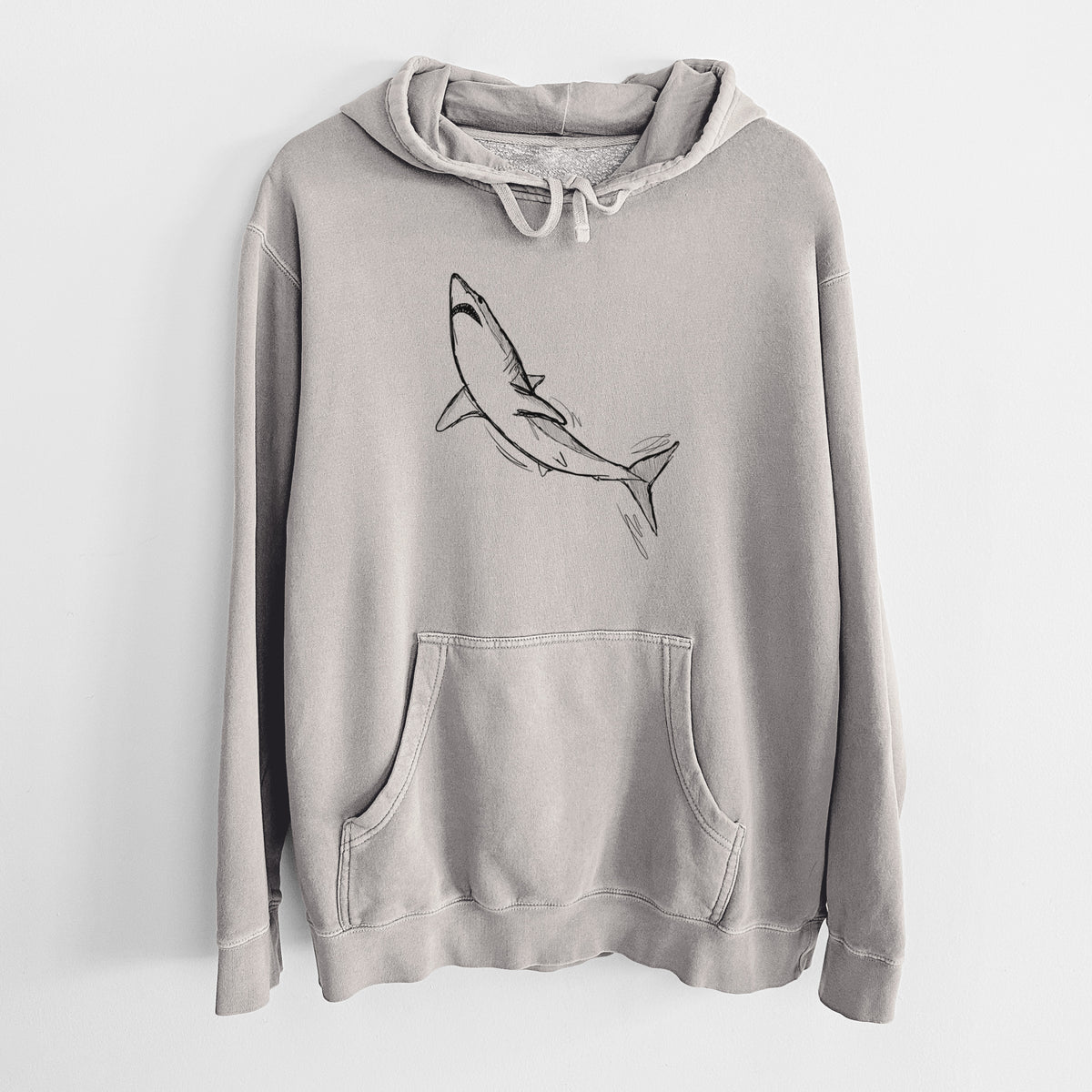 Cement grey pigment dyed hoodie laid flat, printed with a black ink illustration of a shortfin mako shark diving.