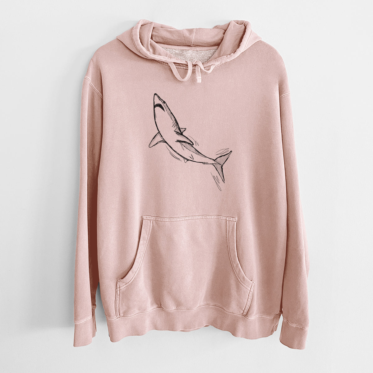 Dusty pink pigment dyed hoodie laid flat, printed with a black ink illustration of a shortfin mako shark diving.