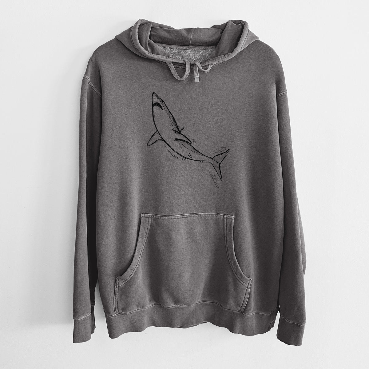Faded black pigment dyed hoodie laid flat, printed with a black ink illustration of a shortfin mako shark diving.