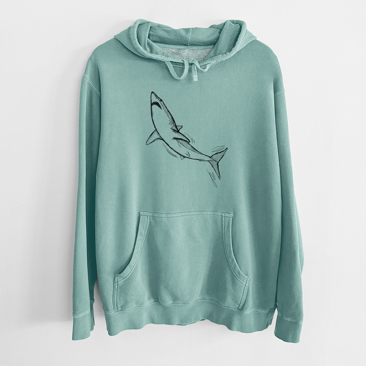 Mint green pigment dyed hoodie laid flat, printed with a black ink illustration of a shortfin mako shark diving.