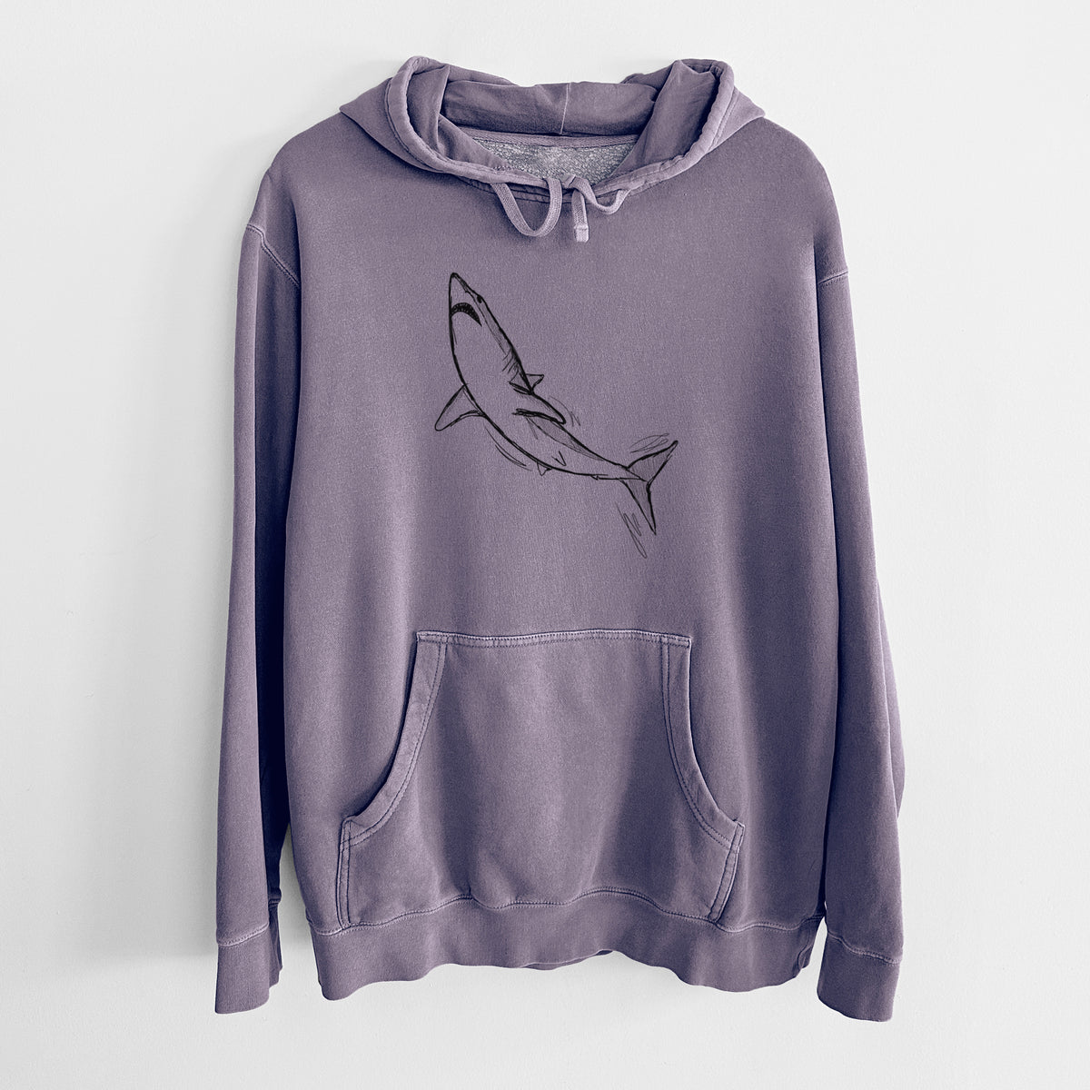 Plum purple pigment dyed hoodie laid flat, printed with a black ink illustration of a shortfin mako shark diving.