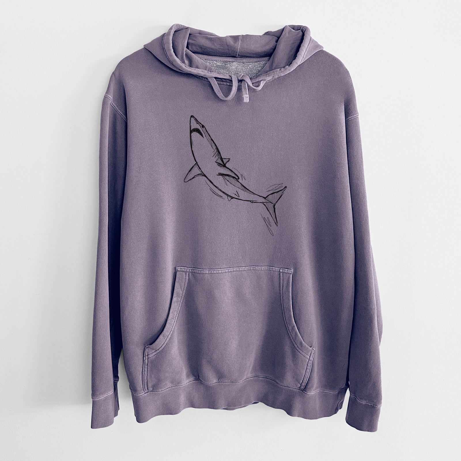 Plum purple pigment dyed hoodie laid flat, printed with a black ink illustration of a shortfin mako shark diving.
