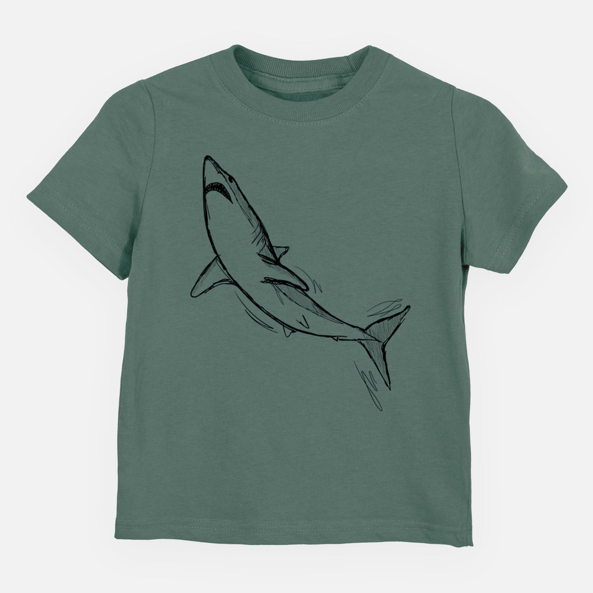 Basil green toddler t-shirt laid flat, printed with a black ink illustration of a shortfin mako shark diving.