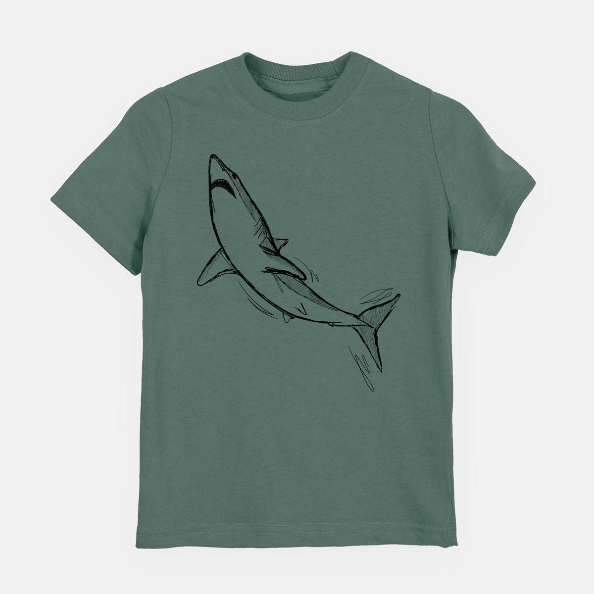 Basil green youth t-shirt laid flat, printed with a black ink illustration of a shortfin mako shark diving.