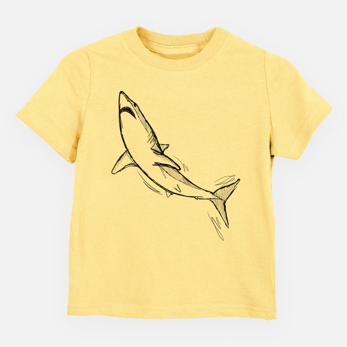Butter yellow toddler t-shirt laid flat, printed with a black ink illustration of a shortfin mako shark diving.
