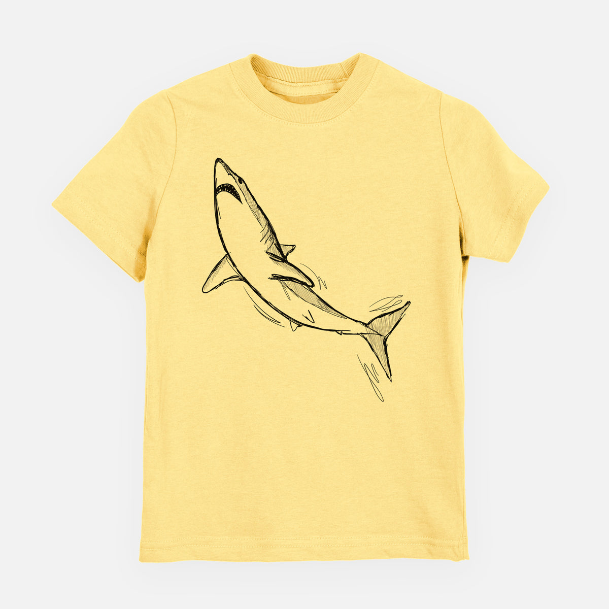 Butter yellow youth t-shirt laid flat, printed with a black ink illustration of a shortfin mako shark diving.