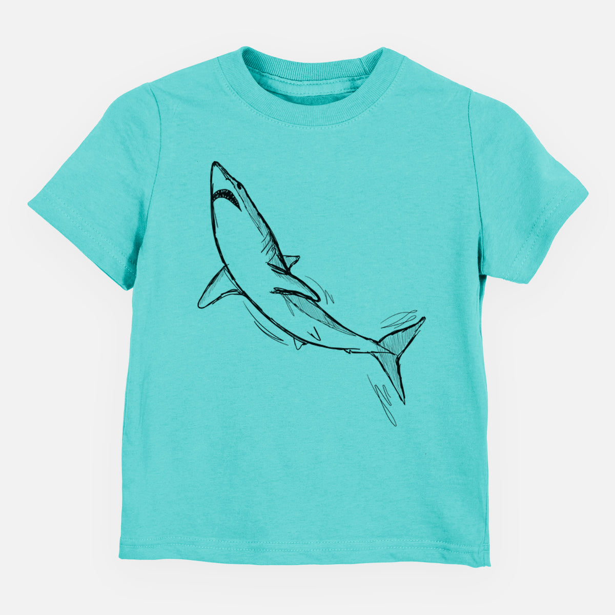 Caribbean blue toddler t-shirt laid flat, printed with a black ink illustration of a shortfin mako shark diving.