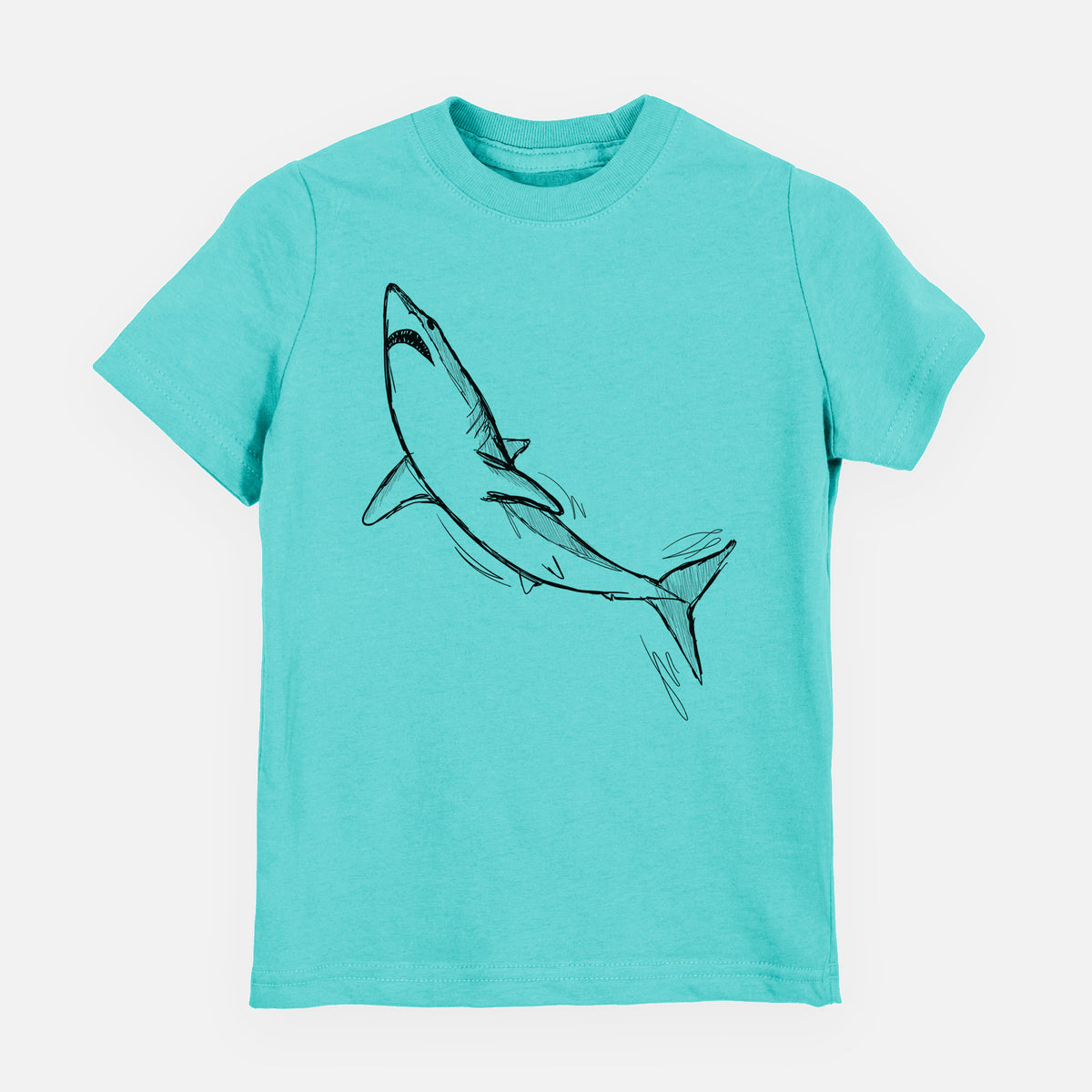 Caribbean blue youth t-shirt laid flat, printed with a black ink illustration of a shortfin mako shark diving.