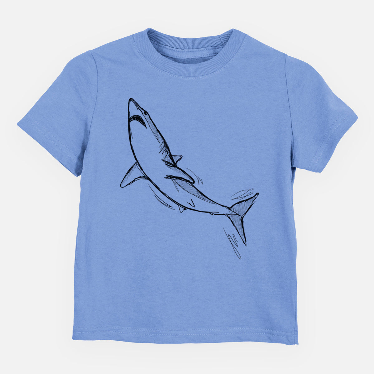 Carolina blue toddler t-shirt laid flat, printed with a black ink illustration of a shortfin mako shark diving.